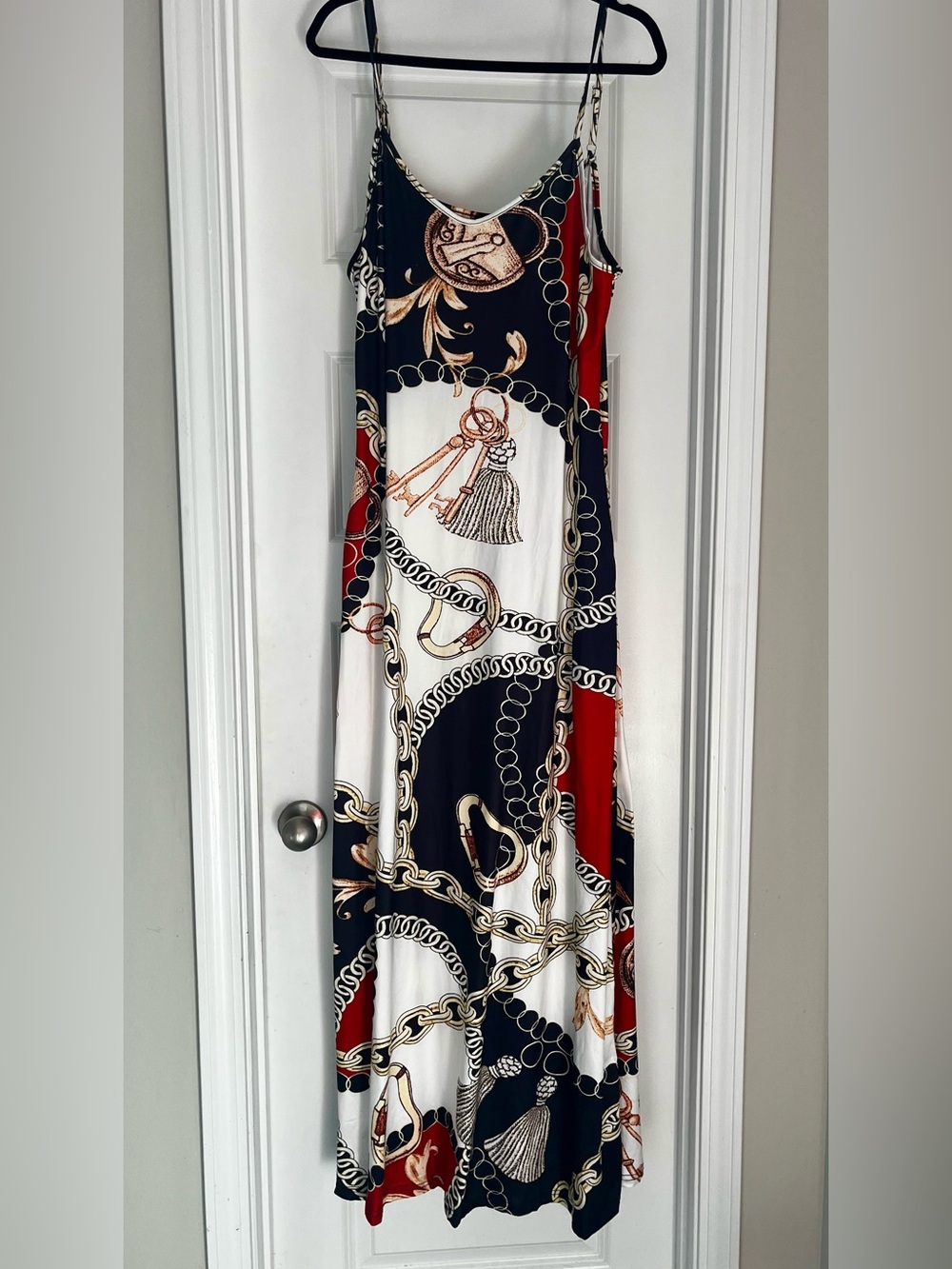 Black, White & Red Chain-Print Spaghetti Strap Maxi Dress